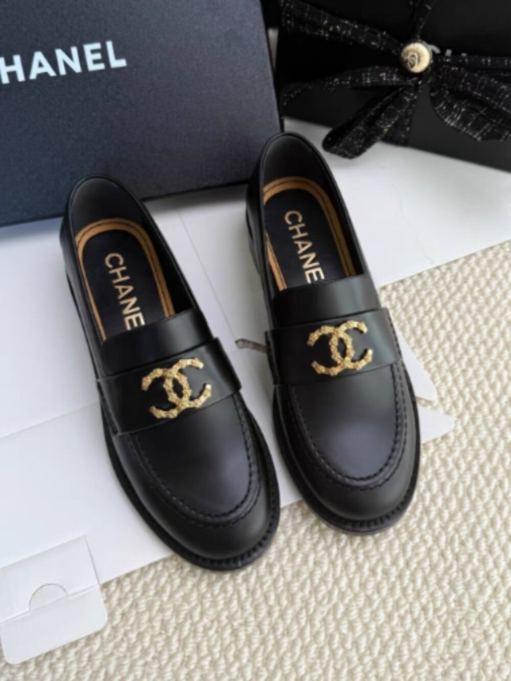 Chanel Black Leather CC Logo Loafers